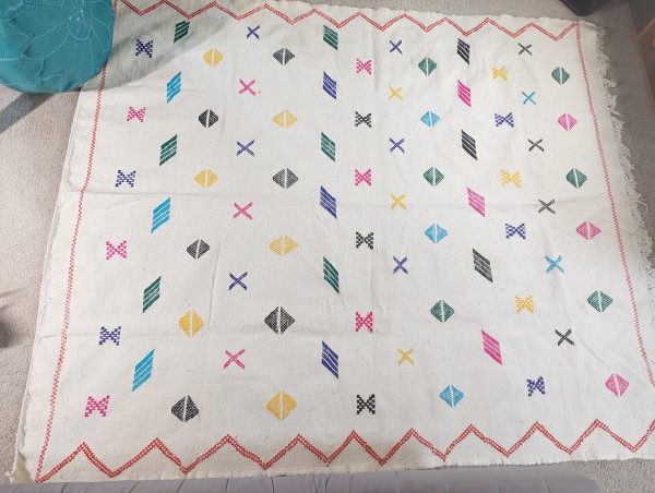 Vintage Moroccan Handmade Berber Rug Authentic , White color with pink, black, yellow and magenta